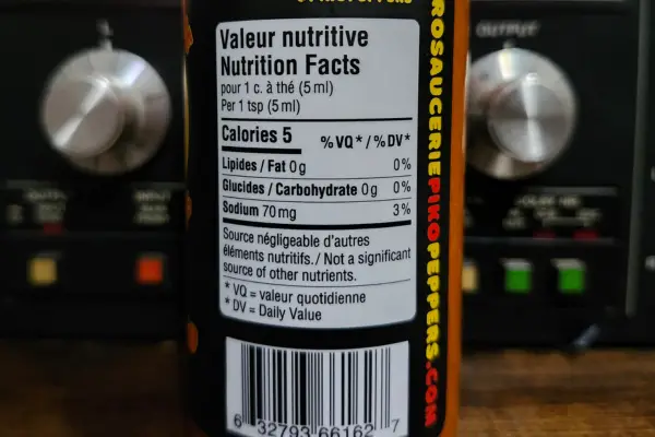 The nutritional info panel on a bottle of Piko Riko by Piko Peppers Hot Sauce