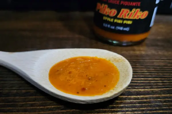 Piko Riko hot sauce on a spoon to show texture.
