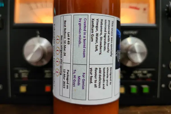 The info panel on a bottle of Habanero Strawberry by Hi Guys Hot Sauce