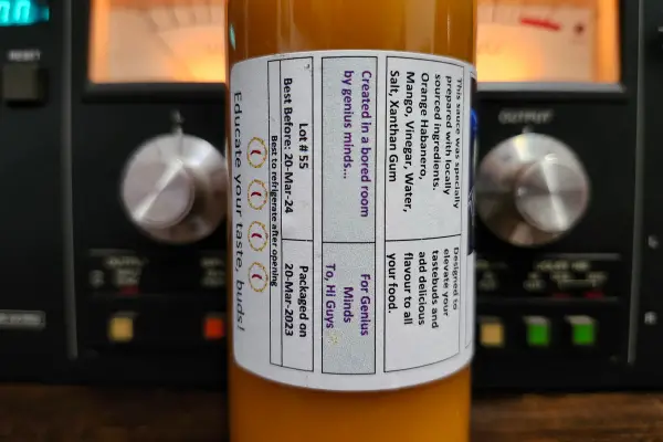 The info panel on a bottle of Habanero Mango by Hi Guys Hot Sauce