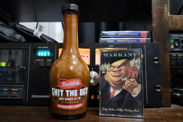A bottle of Bunsters Shit The Bed Hot Sauce from Australia