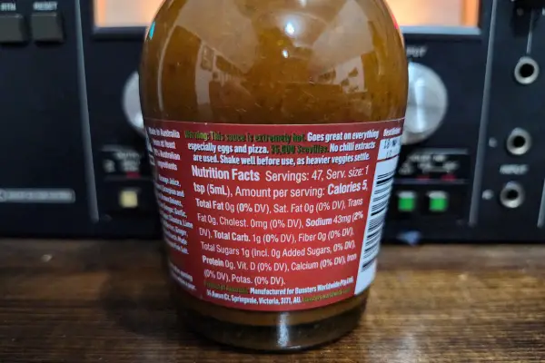 The nutritional info on a bottle of Bunsters Shit The Bed Hot Sauce