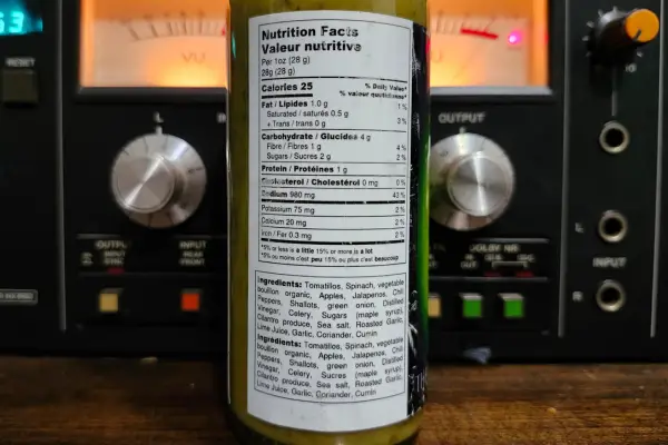 The nutritional info panel on a bottle of Lush hot sauce by The Capsaicin Cartel