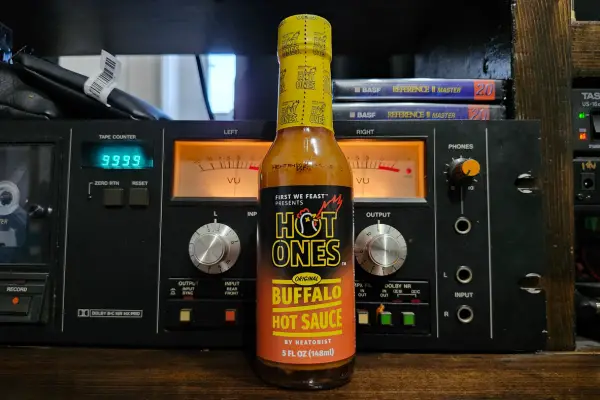 A bottle of Hot Ones Buffalo Sauce 