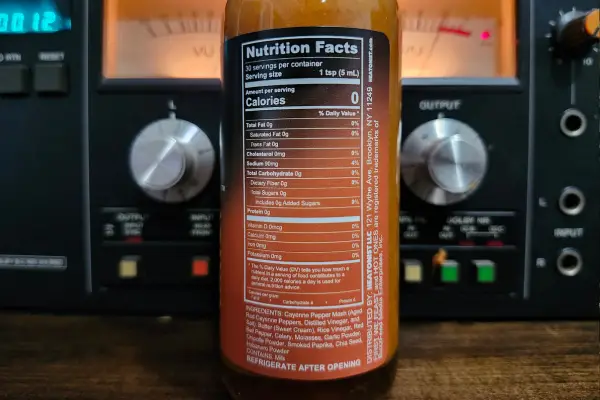The info panel on a bottle of Hot Ones Buffalo Sauce