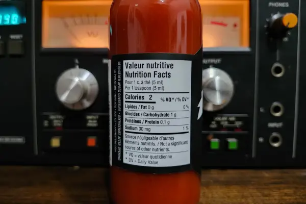 The nutritional label on a bottle of Forbidden Fruit by La Pimenterie