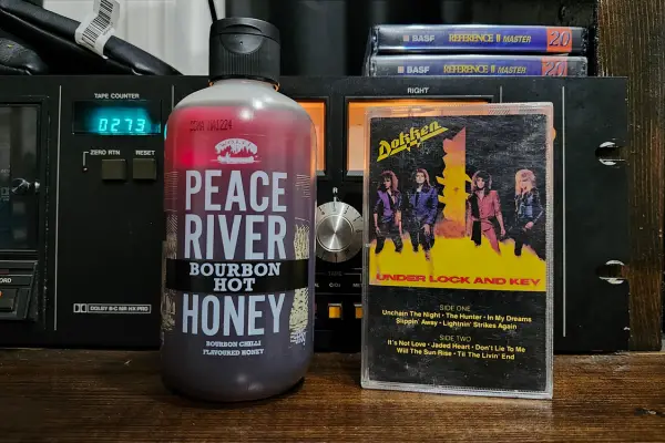 A bottle of Peace River Honey's Bourbon Hot honey