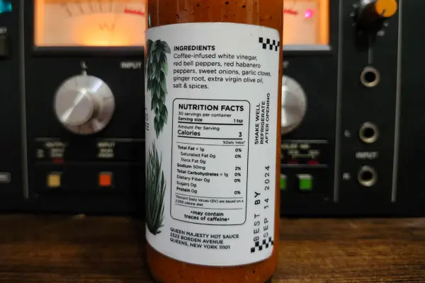 The nutritional panel on a bottle of Red Habanero and Black Coffee hot sauce