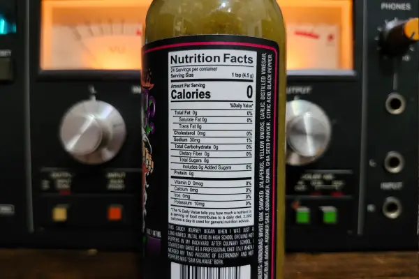 The nutritional label on a bottle of Smokey J hot sauce by Sam Sa House