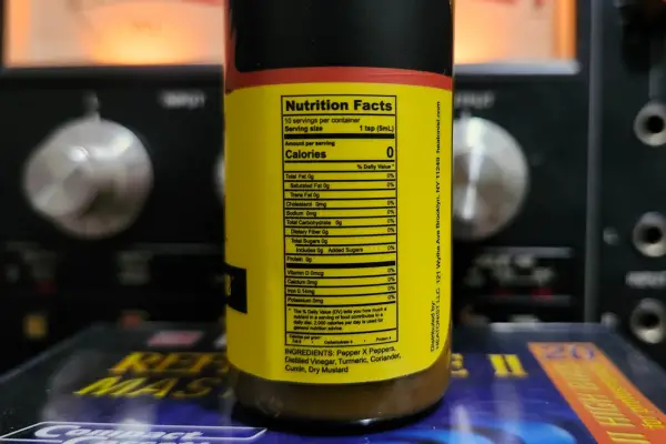 The nutritional info on a bottle of The Last Dab by Hot Ones and Heatonist