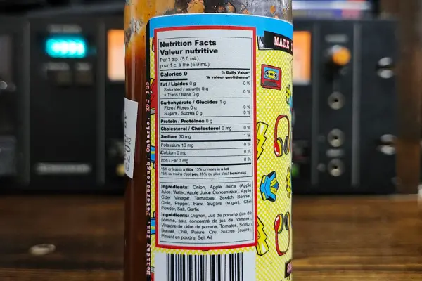 The nutritional panel on a bottle of Smoked Tomato and Apple by Flamespitter Hot Sauce