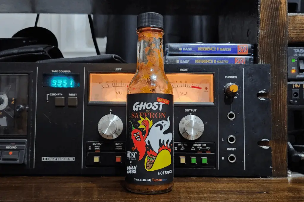 A bottle of Hotter Ghost of Saffron hot sauce