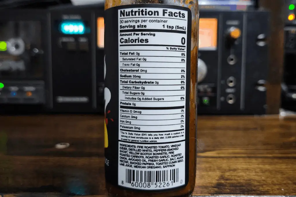 The nutritional label on a bottle of Hotter Ghost of Saffron by High Desert Sauce Co.