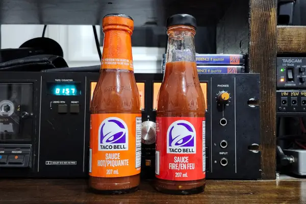 Fire and Hot Taco Bell Hot Sauce bottles
