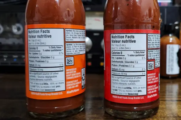 The nutritional labels on bottles of Taco Bell Hot Sauce Fire and Hot versions